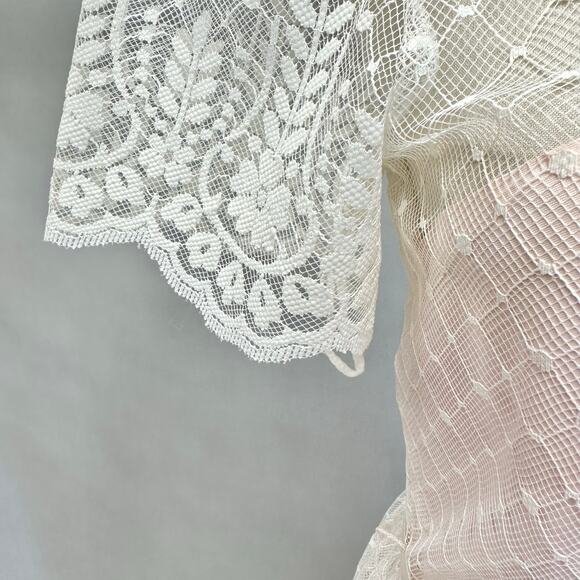 Vintage 70s dot lace overlay taffeta short sleeve midi dress ribbon belt size 11 - Picture 8 of 16